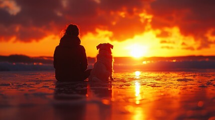 Serene Sunset at the Beach with Man and Dog Enjoying Togetherness in Nature