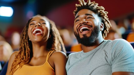 Obraz premium Joyful moments shared by a couple at a movie theater enjoying a film together
