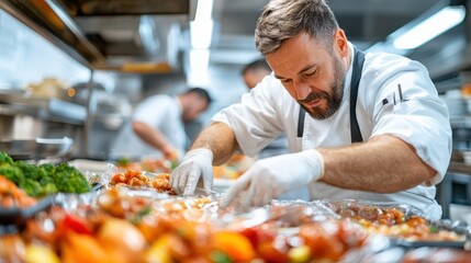 Chef assessing fresh groceries while preparing dishes in bustling kitchen