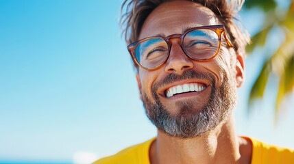 Cheerful man joyfully settling into his new home by the beach
