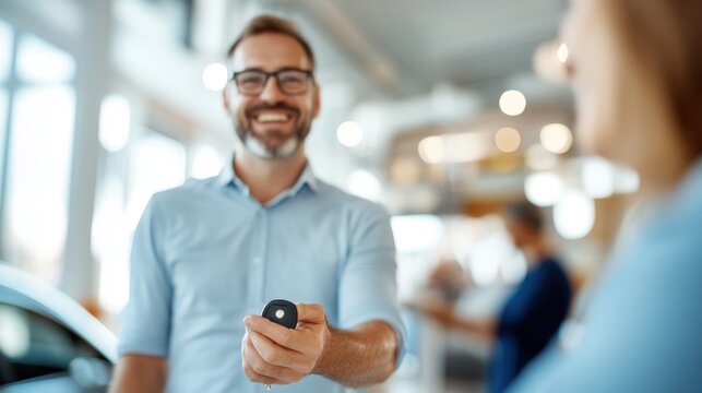 Couple receives their new car key from enthusiastic saleswoman at auto salon