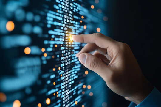 Hand touching a point on a digital binary code interface