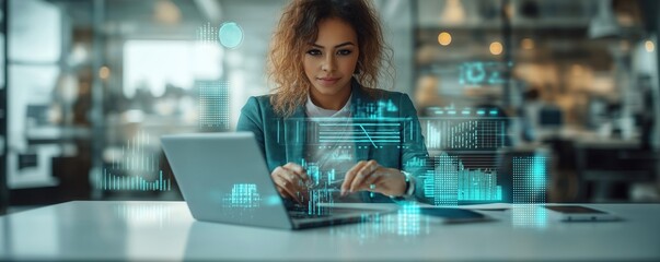 Business woman works on laptop with data visualizations. Modern office setting. Data analytics, big data models displayed on laptop. Person focused on uncovering trends, insights from financial