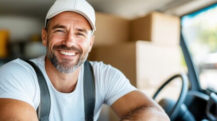 Fototapeta premium Confident truck driver enjoying a sunny day beside his vehicle