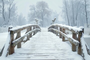 Wooden bridge covered with snow over a river stream. Neural network ai generated