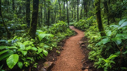 Fototapeta premium A lush green national park with a well-maintained forest trail, surrounded by tall trees and dense underbrush. The peaceful atmosphere is ideal for walking and enjoying nature.