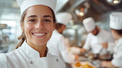 Female cook focuses on supplies while managing a busy restaurant kitchen