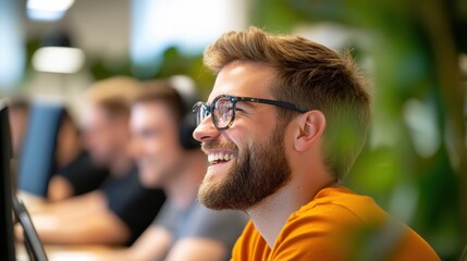 Fototapeta premium Team of programmers collaborates and shares ideas in a modern office