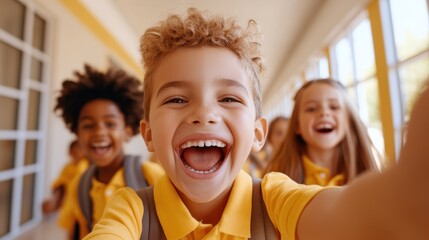 Joyful school kids capture the moment with a happy selfie in the hallway