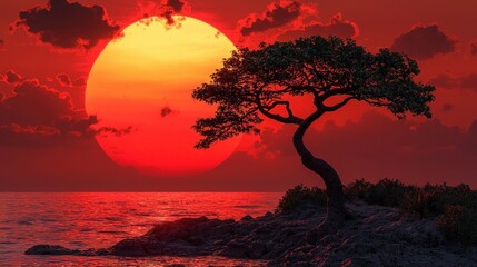 Lone tree silhouette against a vibrant red sunset over the ocean.