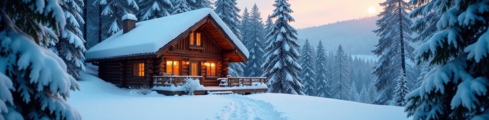 Cozy wooden cabin nestled among snow-covered evergreens, frosty, peaceful retreat