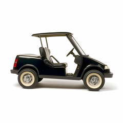 Black golf cart on white background; transportation, leisure activity