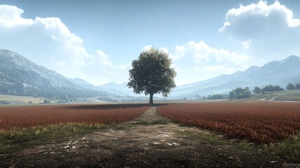 Lonely tree in a red field with mountains.