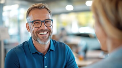 Cheerful car salesman engages with customers in a vibrant showroom