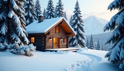 Cozy wooden cabin nestled among snow-covered evergreens, serene, snowy landscape