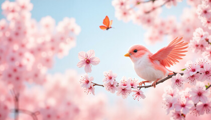 Pink bird perched among cherry blossoms with butterfly