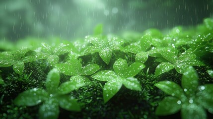 Fototapeta premium Lush green plants glistening with raindrops in a tranquil forest setting.