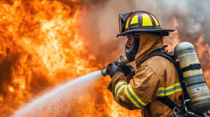 Naklejka premium A brave firefighter sprays water to extinguish a lar created by ai 