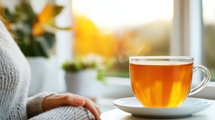 Joyful moments by the window with a warm cup of tea