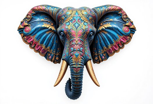 A meticulously crafted elephant head sculpture showcasing vibrant blue pink and gold ornamental painting.