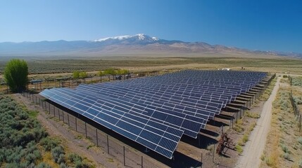 Aerial view of solar panel installation in arid landscape with mountains in the background