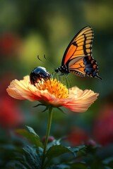 Obraz premium Butterfly, beetle, flower, vibrant, nature.