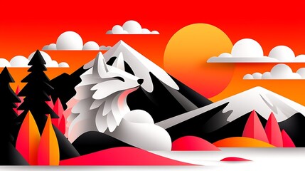 Fototapeta premium Serene White Fox in Paper Art Mountain Landscape at Sunset