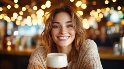 Smiling young woman enjoying a beer in a cozy bar ambiance