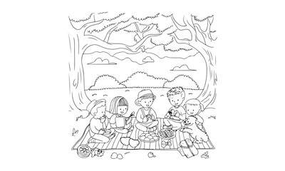 Children Having a Picnic with a Dog Coloring Page - Fun Outdoor Gathering Under a Tree