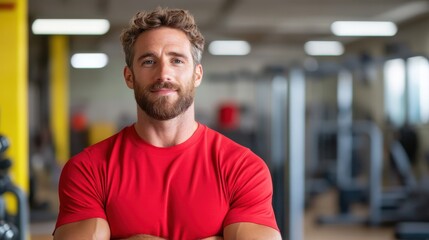 Professional fitness coach posing confidently in a vibrant gym setting