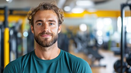 Inspiring fitness coach poses confidently in modern gym environment