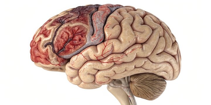 3D Rendered Brain with Hemorrhage Side View, Detailed Anatomy, Neurological Concept. , Hematoma, Brain Injury