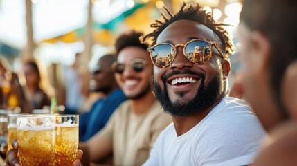 Young intercultural friends enjoying drinks and snacks at a vibrant bar