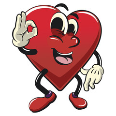 Cute heart vektor illustration mascot character dancing while giving the okay sign, work of hand drawn