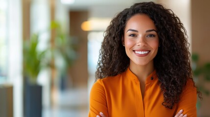 Welcoming hotel receptionist offers warm smile in stylish hallway setting