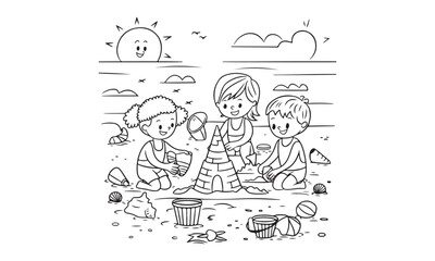 Children Building a Sandcastle Coloring Page - Fun Beach Scene for Kids