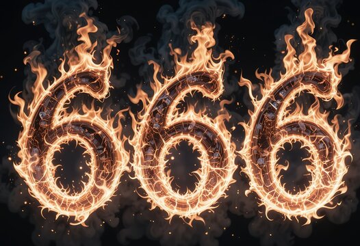 The image depicts three flaming sixes forming the number 666 against a dark background.