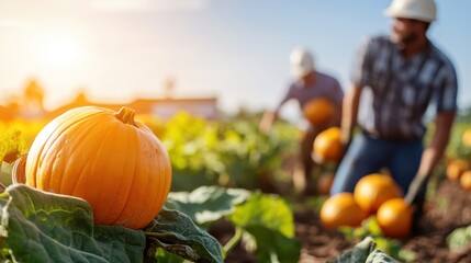 Obraz premium Farmhands gather pumpkins under the warm autumn sun in a vibrant patch