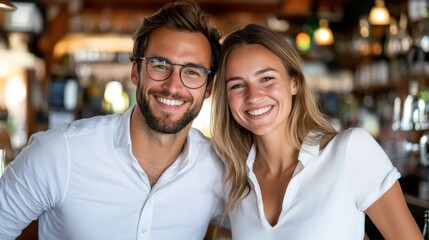 Happy couple enjoying a joyful evening at a cozy pub with friends