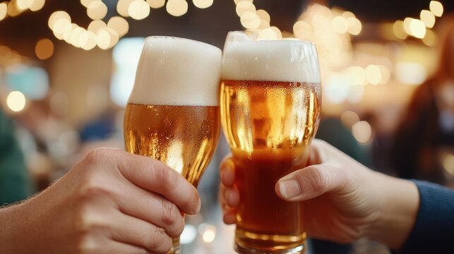 Young friends enjoying burgers and beer in a lively pub atmosphere