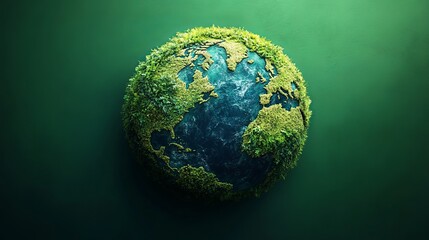 Fototapeta premium A symbolic representation of Earth, covered in lush green vegetation, illustrating a healthy and sustainable planet, emphasizing ecological balance and environmental care.