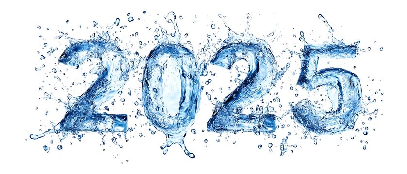 A clipart template featuring the number "2025" created from a water splash, isolated on a background.