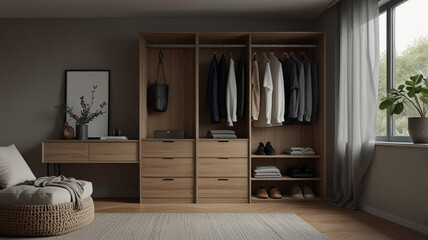 AI generative. 3d render of interior design of walk in closet with wardrobe open and closed in modern minimalist style. 14