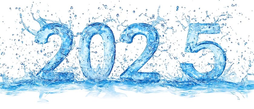 An isolated background clipart template showcasing the number "2025" formed by a splash of water.
