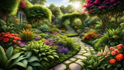 Fototapeta premium Serene digital painting of a lush, vibrant garden path winding through flowering plants and trees, leading to an arched gateway.
