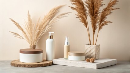 Naklejka premium Boho Pampas Grass and Minimalist Skincare Mockup,Neutral Tones,Product Photography Skincare, Mockup