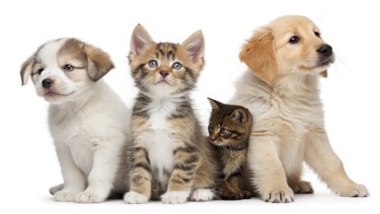 Obraz premium Adorable Puppies and Kittens Three Fluffy Friends, Close-Up Studio Shot, White Background, Animal Companionship. Pet Portraits, Cute Animals Pet Portraits, Cute Animals