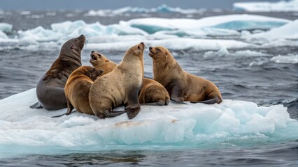 Naklejka premium Five Sea Lions Resting on Ice Floe in Antarctic Waters, Wildlife Photography, Group Composition, Iceberg, Antarctic Seals Antarctic, Sea Lion