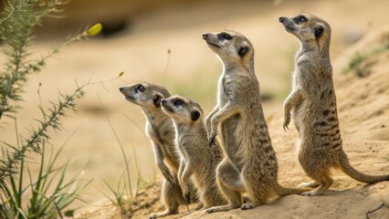 Fototapeta premium Four Meerkats Standing Vigilantly A Close-Up Composition, Wildlife Photography, African Savanna, Meerkat Family Meerkat, Savanna
