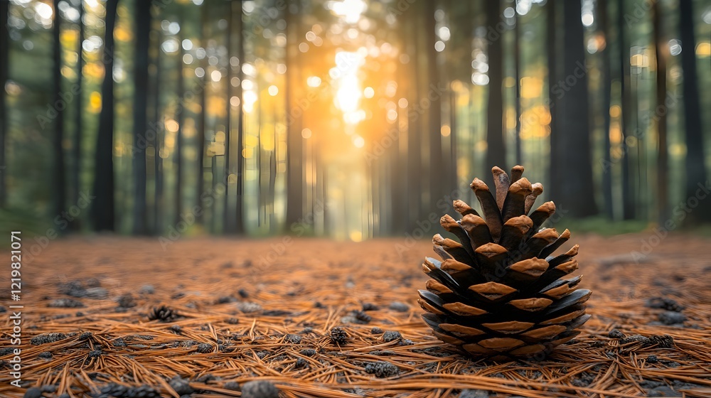 Poster majestic pine cone resting on forest floor surrounded by tall trees and soft sunlight filtering thro